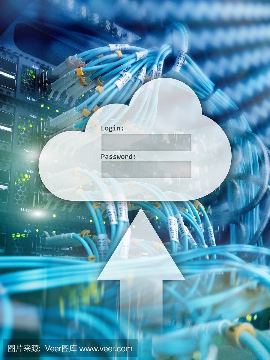 云存储、数据访问、服务器室后台的登录和密码请求窗口。互联网和技术的概念。